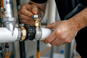 Close up of plumber installing energy system on wall mounted gas boiler in modern boiler room