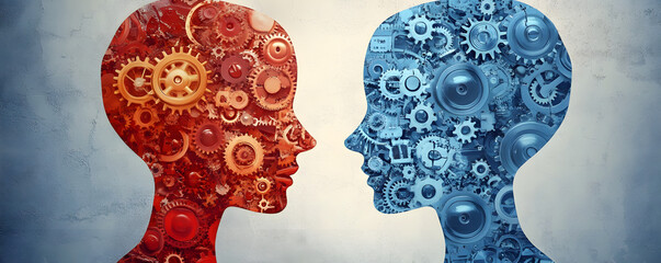 Poster - Two people communicating with gears representing thoughts