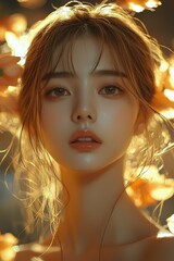 Wall Mural - Portrait of a woman with glowing skin surrounded by luminous orange flowers during golden hour