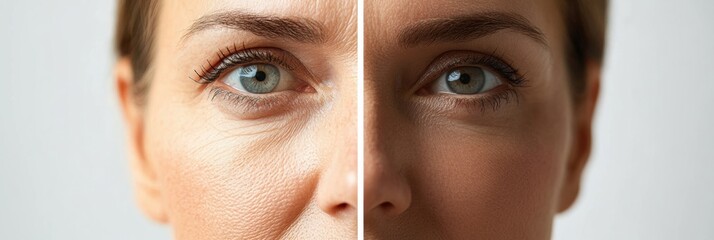 Poster - Comparison of aging and youthfulness in a womans face highlighting smoothness and wrinkles. Generative AI