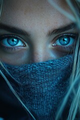 Wall Mural - Young woman with striking blue eyes partially covered by a scarf in a winter setting