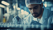 © DEIB Visuals - Male pharmaceutical lab scientist pharmacist examining medical vials In a healthcare factory