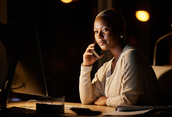 Poster - Phone call, computer and black woman in office at night for contact, online discussion and networking, Professional, conpany and business person on smartphone for internet, website or communication