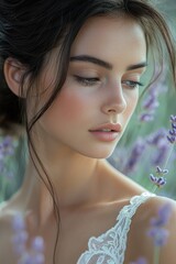 Wall Mural - Serene portrait of a woman amidst lavender flowers in a tranquil garden setting