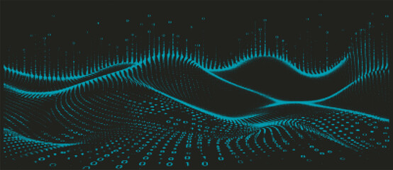 Leinwandbilder - Abstract vector illustration featuring a wave-like grid pattern with glowing blue dots against a black backdrop, creating a futuristic, digital landscape with a sense of depth and motion.