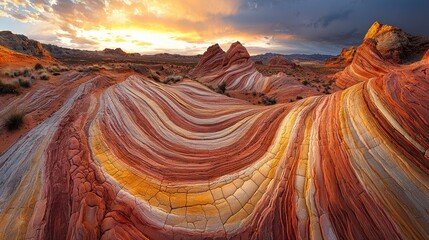 Wall Mural - Vibrant sandstone waves at sunset, colorful rock formations.