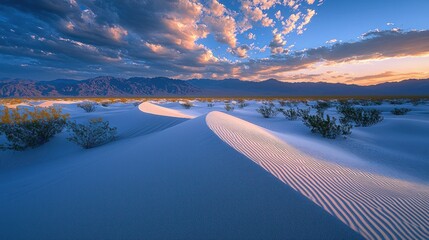 Wall Mural - Sunset over desert sand dunes with mountains.