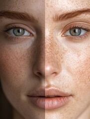 Poster - Comparison of a womans face showing wrinkles on the left and a smooth appearance on the right side highlighting aging effects. Generative AI