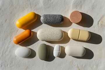 Wall Mural - Different shapes and colors of tablets and pills, reflecting diversity in modern healing approaches