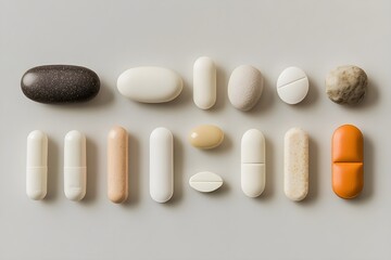 Wall Mural - Different shapes and colors of tablets and pills, reflecting diversity in modern healing approaches