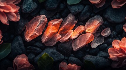 Canvas Print - Glowing crystals nestled amongst dark stones and delicate flowers.