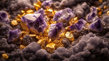 Deep purple crystals nestled amongst golden nuggets, creating a striking contrast of color and texture.