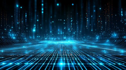 Blue luminous dots and lines create an abstract digital display