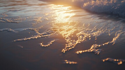 Wall Mural - Golden sunset light reflecting on ocean waves receding on sandy beach.