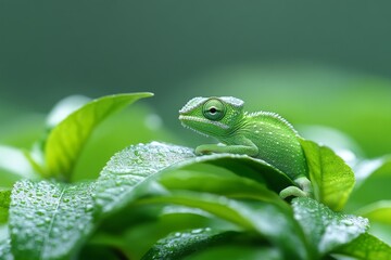 Wall Mural - Bright green chameleon resting on fresh leaves in a lush garden after rain