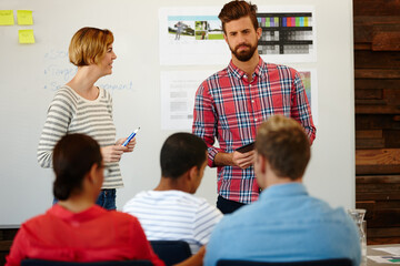 Poster - Presentation, seminar or workshop with business people in office for coaching, training or upskill development. Collaboration, design and meeting with speaker talking to creative team in workplace