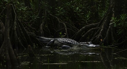 Behold, the ancient enigma unfolds as a majestic alligator reigns within a swamp’s shadowy depths, its cunning presence entwined with tangled roots and still waters, captured in a low-angle shot,