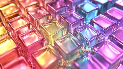 Arrangement of Multicolored Iridescent Glass Cubes in a Modern Geometric Pattern