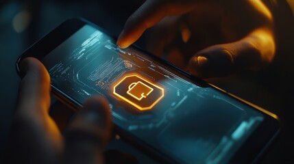 Software engineer is working on innovative mobile app featuring advanced holographic interface, ensuring robust data security and protection against cyber threats in modern digital environment