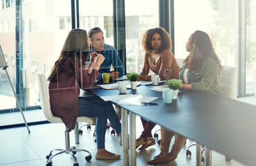 Aufkleber - Boardroom, negotiation and people with documents, talking and collaboration for ideas in advertising agency. Planning, team and group with budget for campaign, media strategist or paperwork in office