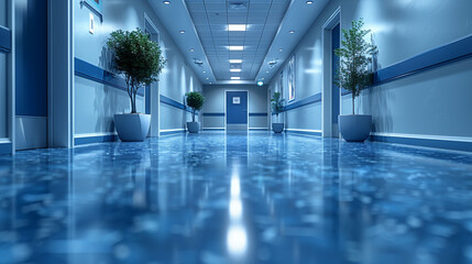 Empty hospital corridor.  Modern, sterile, and well-lit hallway with blue accents.  Plants in planters line the walls.  Perspective shot.