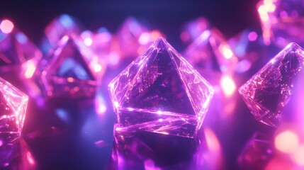Illuminated Purple Geometric Crystal Shapes Glowing on Dark Background