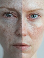Leinwandbilder - Transformation of skin texture showcasing aging on the left and rejuvenation on the right. Generative AI