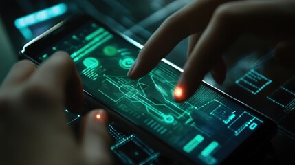 Hands interacting with a futuristic smartphone, developing a cybersecurity app with glowing lines and data points, enhancing mobile security in a dark, technological environment