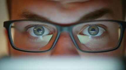 Close up of a programmer wearing glasses intently focusing on a computer screen, working late at night on a cyber security project, highlighting the demanding nature of his profession