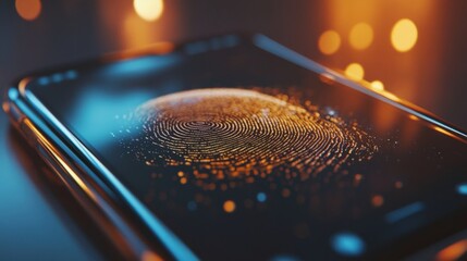 Wall Mural - Glowing golden fingerprint being scanned on a smartphone screen, highlighting the concept of biometric security, data protection, and access control in modern technology