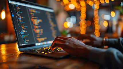 Person coding on laptop in cafe at night.