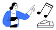 © robu_s - Teacher pointing toward music notes, holding a book, while a shoe lies beside. Ideal for education, music, learning, teaching, school, instruction, training. Line metaphor for guidance and creativity