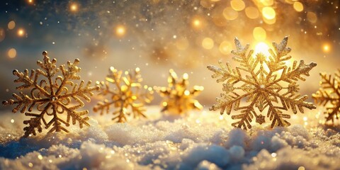 Wall Mural - glittering gold snowflakes delicately surround a frosty winter scene, with intricate patterns and te