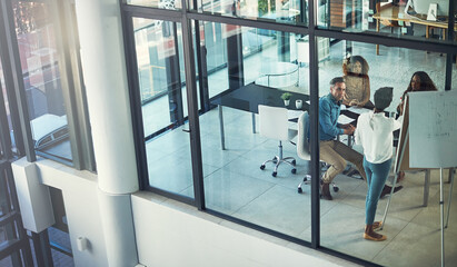 Poster - Presentation, seminar and whiteboard with business people in meeting together for coaching or planning. Above, training and upskill workshop with speaker talking to colleague team in glass office