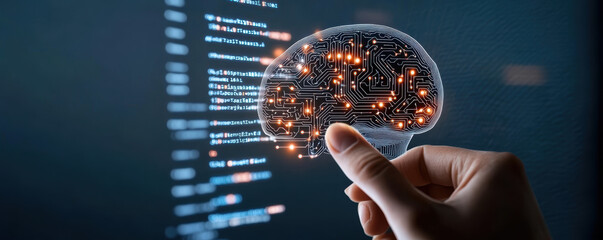 A hand is pointing at a computer screen with a brain on it