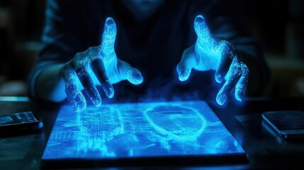 Programmer developing futuristic cybersecurity software on a digital tablet with a holographic interface, enhancing online security and protecting sensitive information