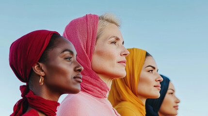 Four women wearing colorful head scarves stand together in a row