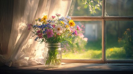 Wall Mural - Sunlit wildflowers in mason jar by window.