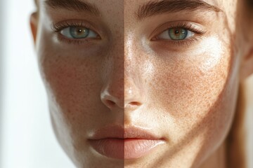 Poster - Comparison of acne prone skin and flawless skin illustrating dermatology concepts and skincare effects. Generative AI