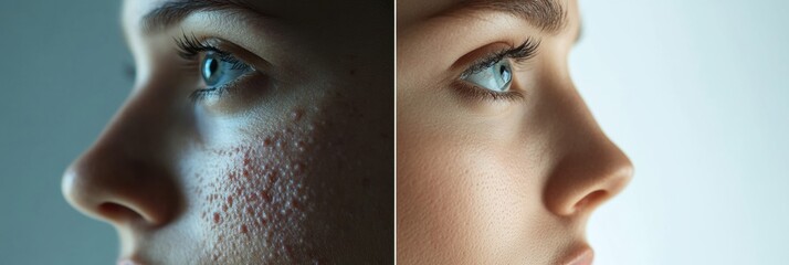 Aufkleber - Comparison of acne prone skin and flawless skin highlighting the effects of skincare and dermatological treatments. Generative AI