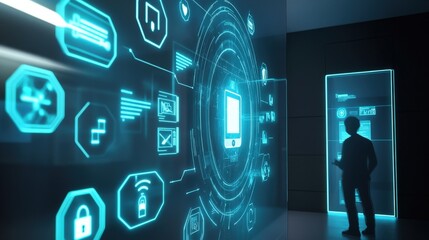 Wall Mural - futuristic office with holographic touch screen interface displaying cyber security information. mob