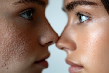 Poster - Comparison of acne prone skin and flawless skin highlighting dermatology concepts of skin health and care. Generative AI