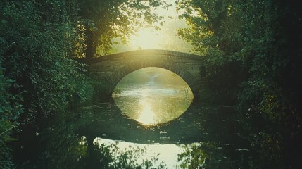 Wall Mural - Sunlit stone arch bridge over calm water in lush green foliage.