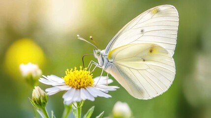 Wall Mural - White butterfly feeding on a white flower.