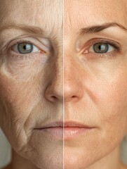 Aufkleber - Transformation of facial features showcasing aging versus youthful appearance in a split view. Generative AI