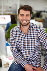 Leinwandbilder - Happy, pride and portrait of man in office for startup business review online with project. Confident, professional and male customer experience manager with website for positive feedback on company.