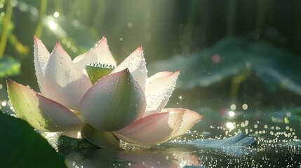 Wall Mural - Dew-kissed lotus flower in morning sunlight.