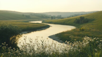 Wall Mural - Serene river meandering through lush green valley at sunrise.