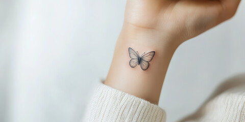 A small romantic tattoo on a female wrist. Mini tattoo in romantic minimalistic style.