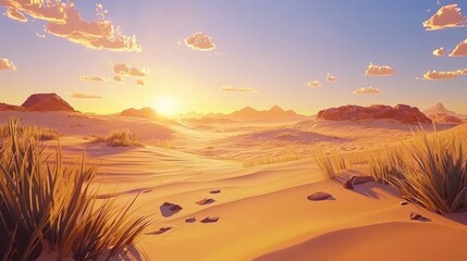 Wall Mural - Desert sunset landscape with sand dunes, grass, and mountains.